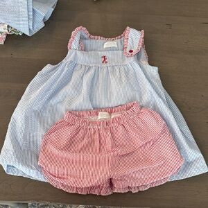 Girls Red and Blue Striped Matching short Set with A monogram. Size 10